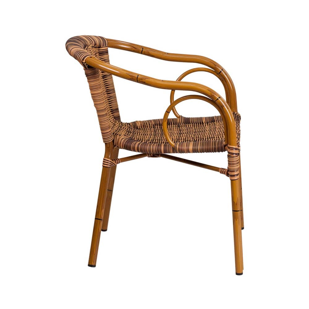 Aluminum Bamboo Patio Chair with Brown Rattan and Cherry Frame Finish