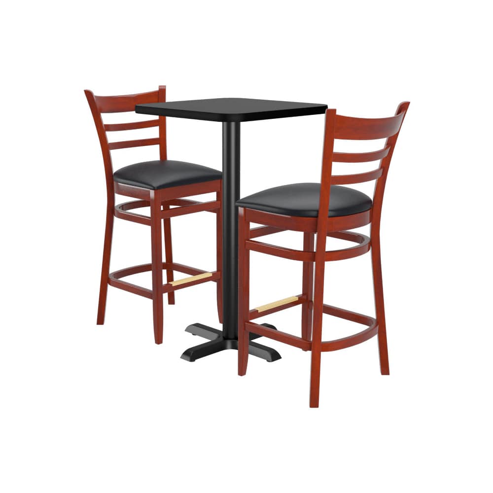 Bar table: 2 ladder-back wood bar stools with a square reversible