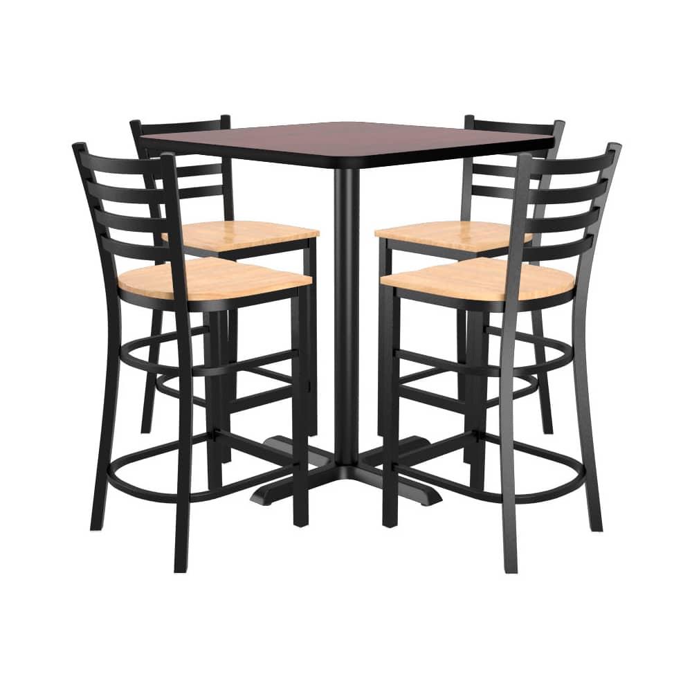 Bar table: 4 ladder-back metal bar stools and square reversible