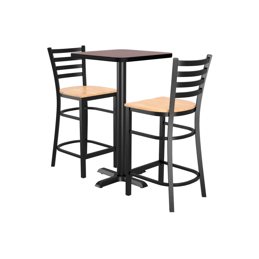 Bar dining set: 2 ladder-back metal bar stools with a square reversible table