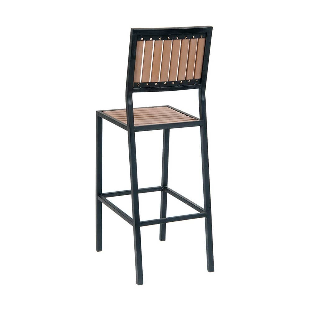 Black Metal Bar Stool with Natural Finish Vertical Slat Faux Teak