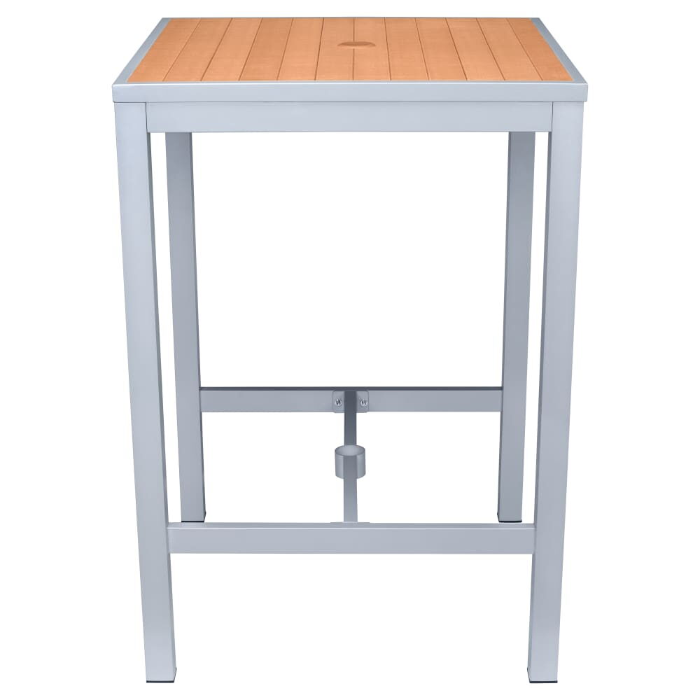 Aluminum Outdoor Bar Table in Gray Finish and Faux Teak