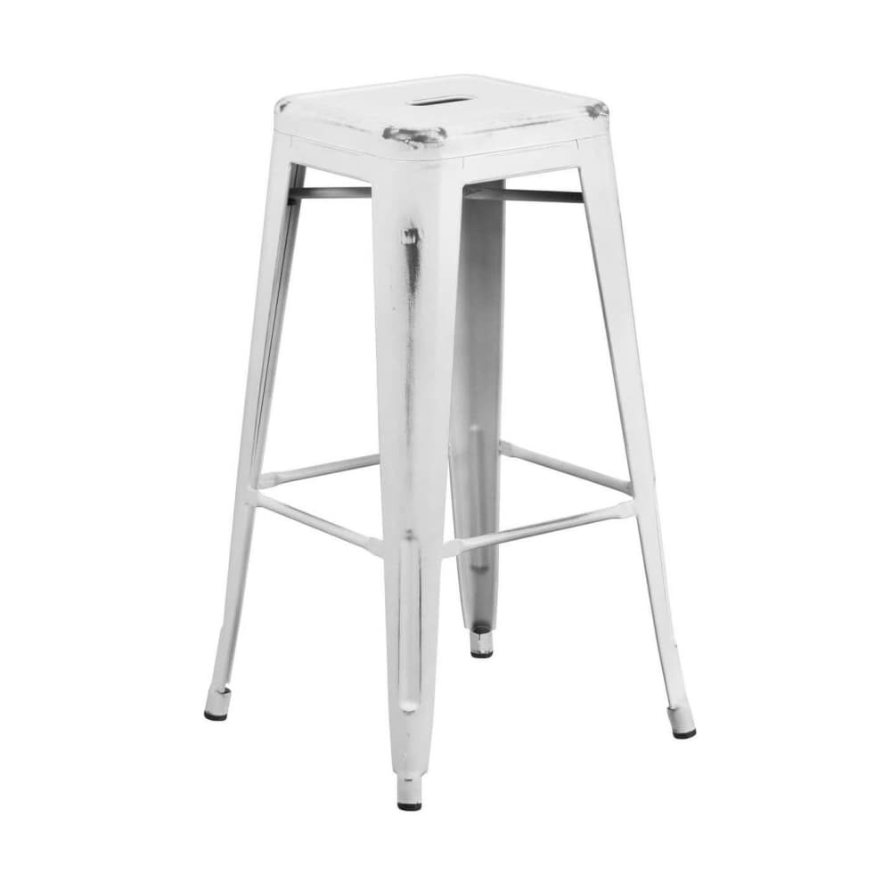 Backless Distressed White Bistro-Style Bar Stool