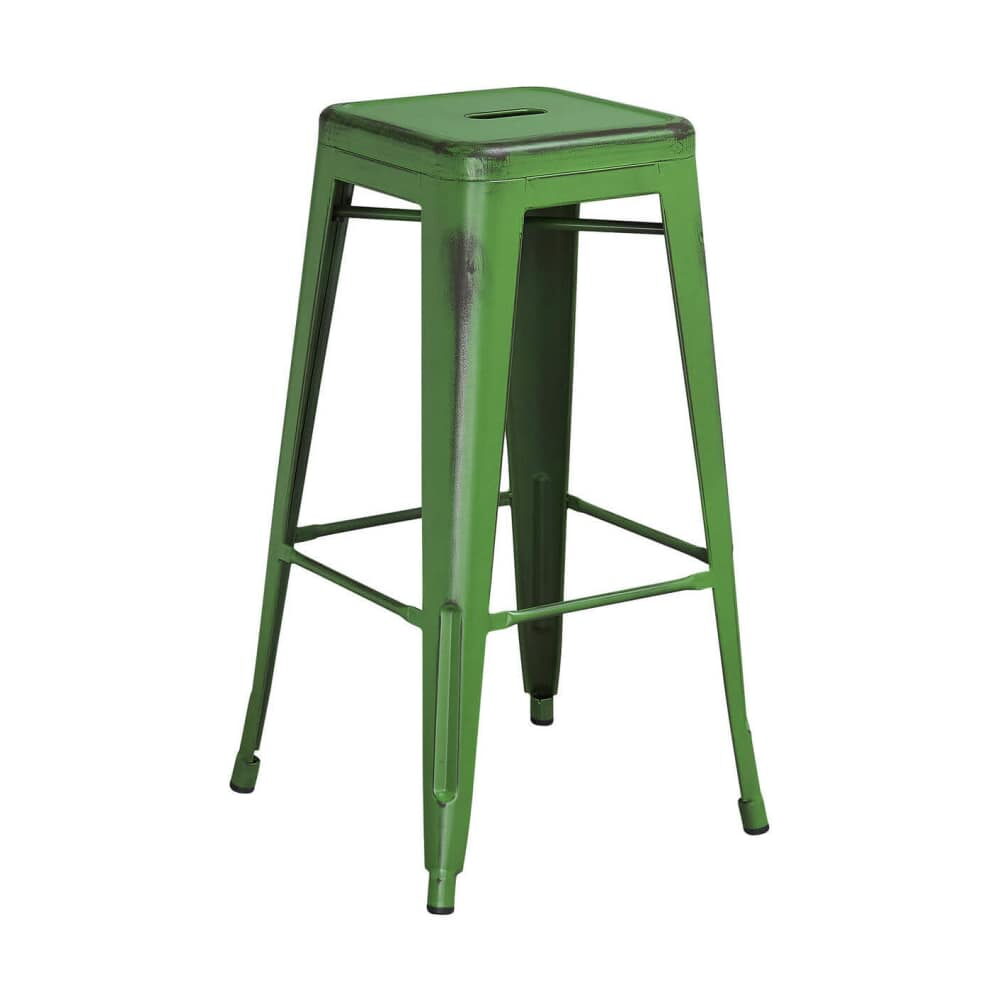 Backless Distressed Green Bistro-Style Bar Stool