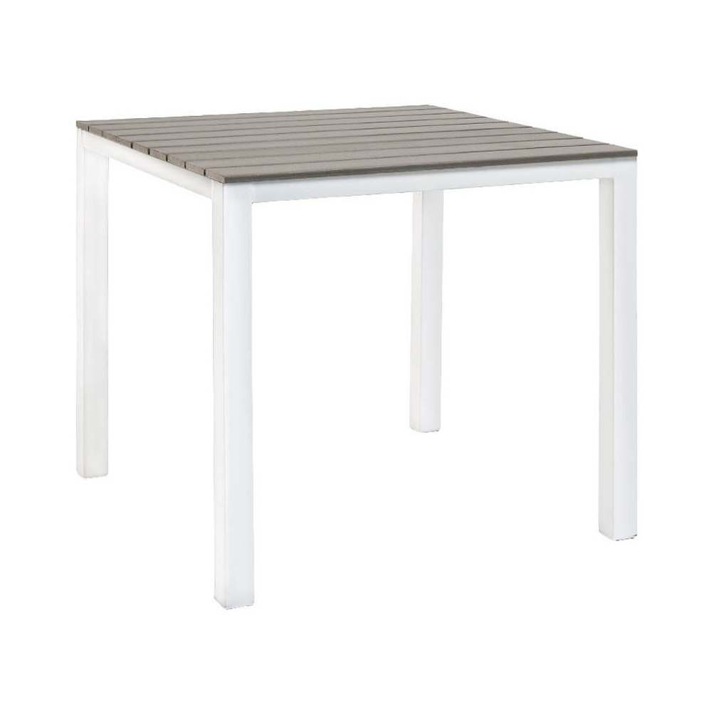 Table with White Metal Frame and Gray Finish Faux Teak Top