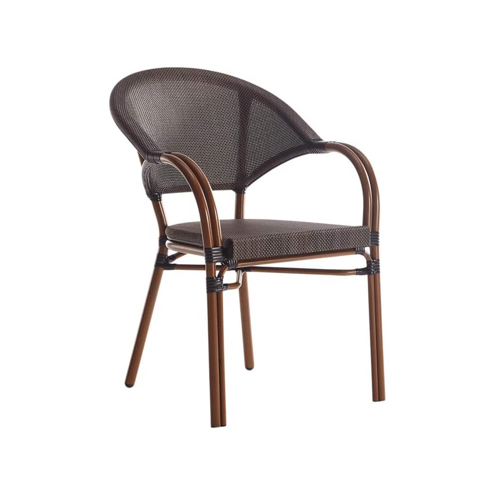 Armchair: Metal bamboo patio with dark Brown rattan and walnut frame