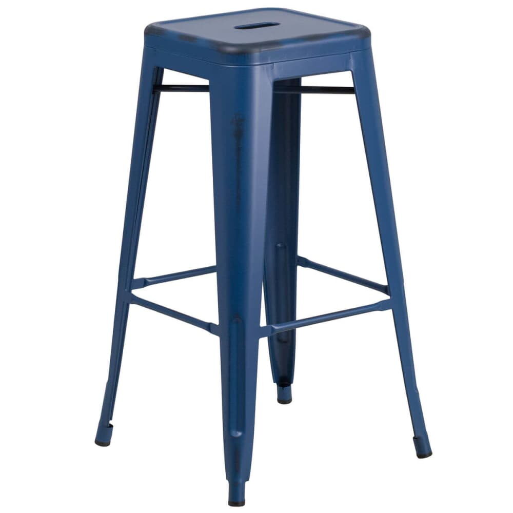 Distressed Dark Blue Backless Bistro-Style Bar Stool