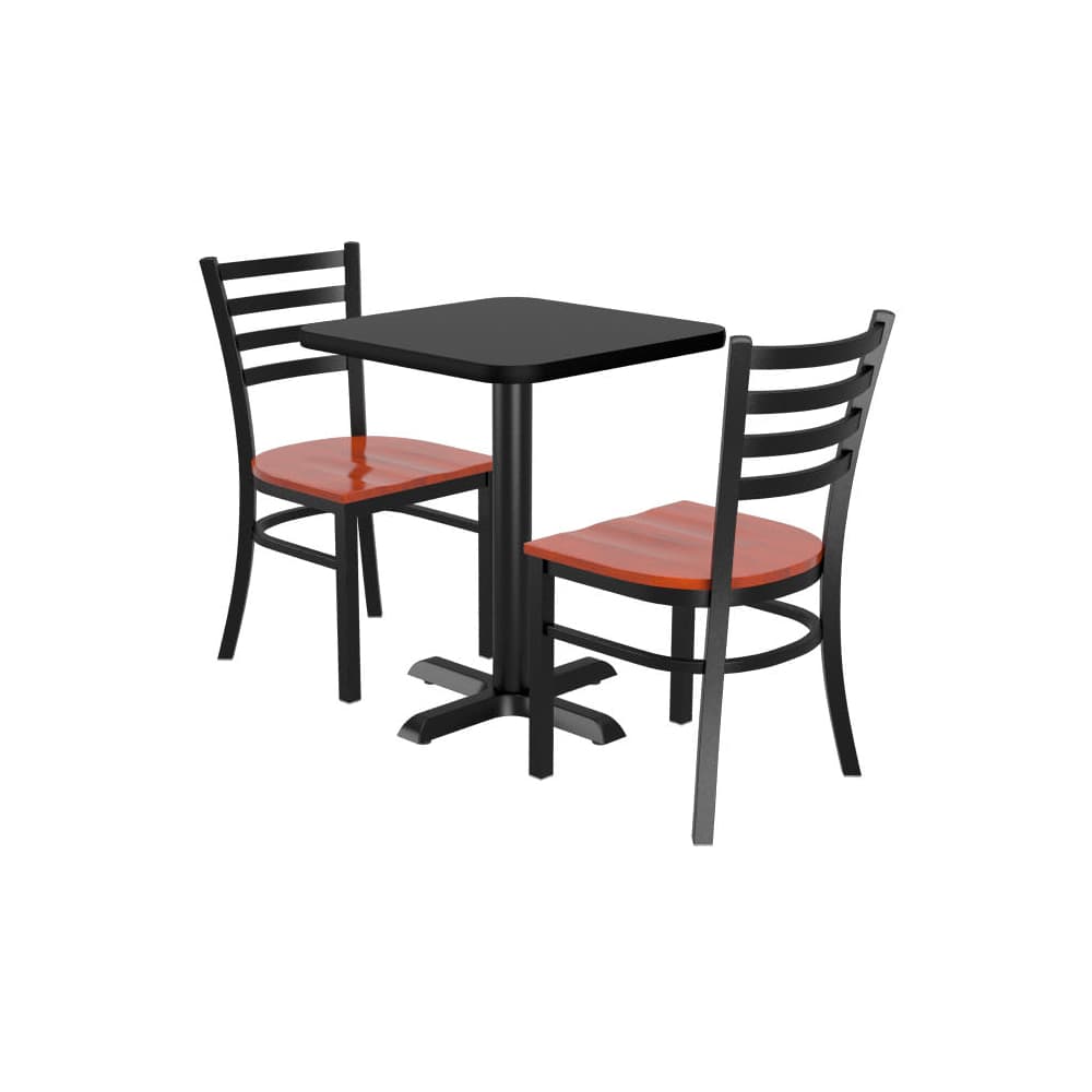 Dining set: 2 ladder-back metal chairs with square reversible table