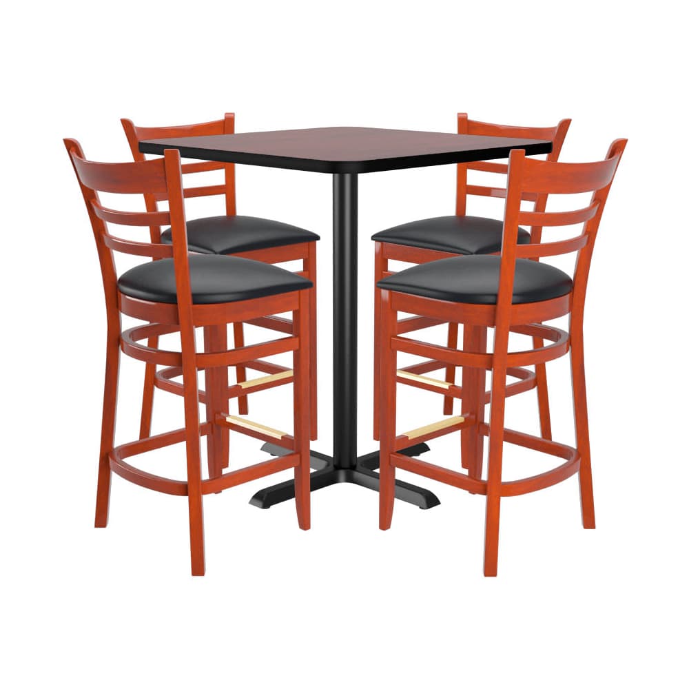 Bar dining set: 4 ladder-back wood bar stools with a square reversible table